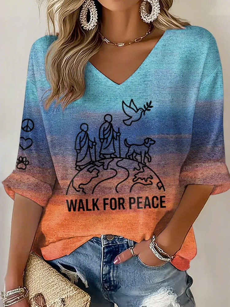 V-neck Retro Walk For Peace Monks With Aloka Dog Print T-shirt