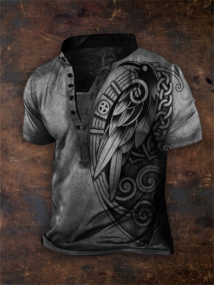Men's Vintage Celtic Raven Faded Henley Shirt