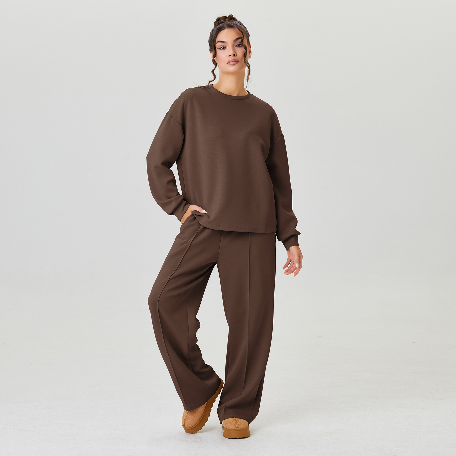 KatchMe Relaxed Solid Round Neck Top & Exposed Stitch Wide Leg Trousers Co-ord