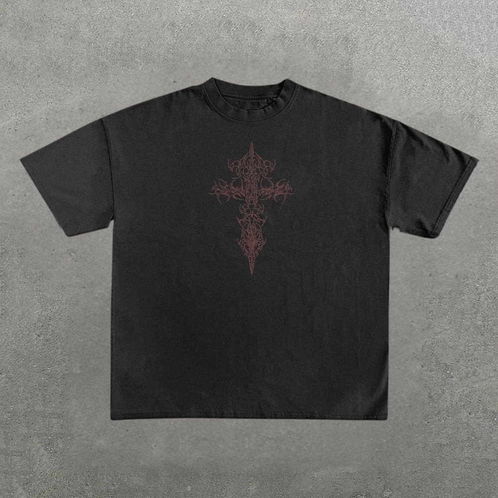 Dark Cross & Winged Skeleton Graphic T - Shirt