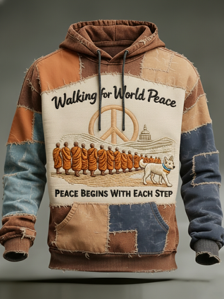 Walking For World Peace Peace Begins With Each Step Artistic Print Distressed Hoodie
