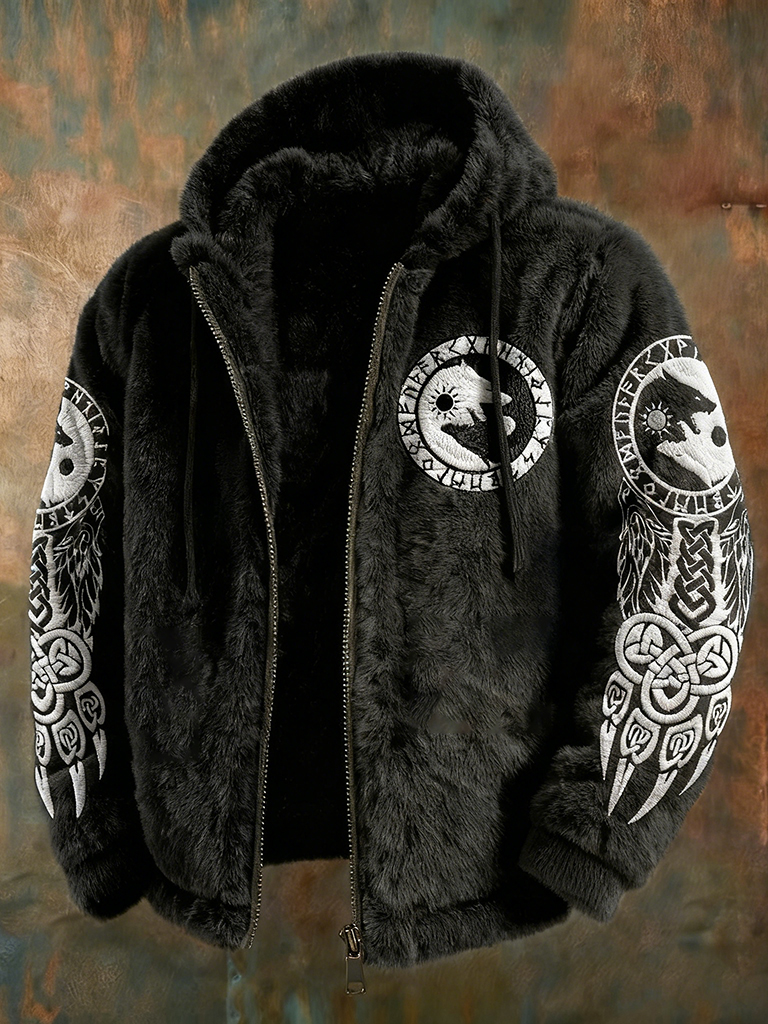 Men's Viking Tribal Jacquard Celtic With Yin-yang Wolf Inspired Plush Warm Zipped Hooded Jacket