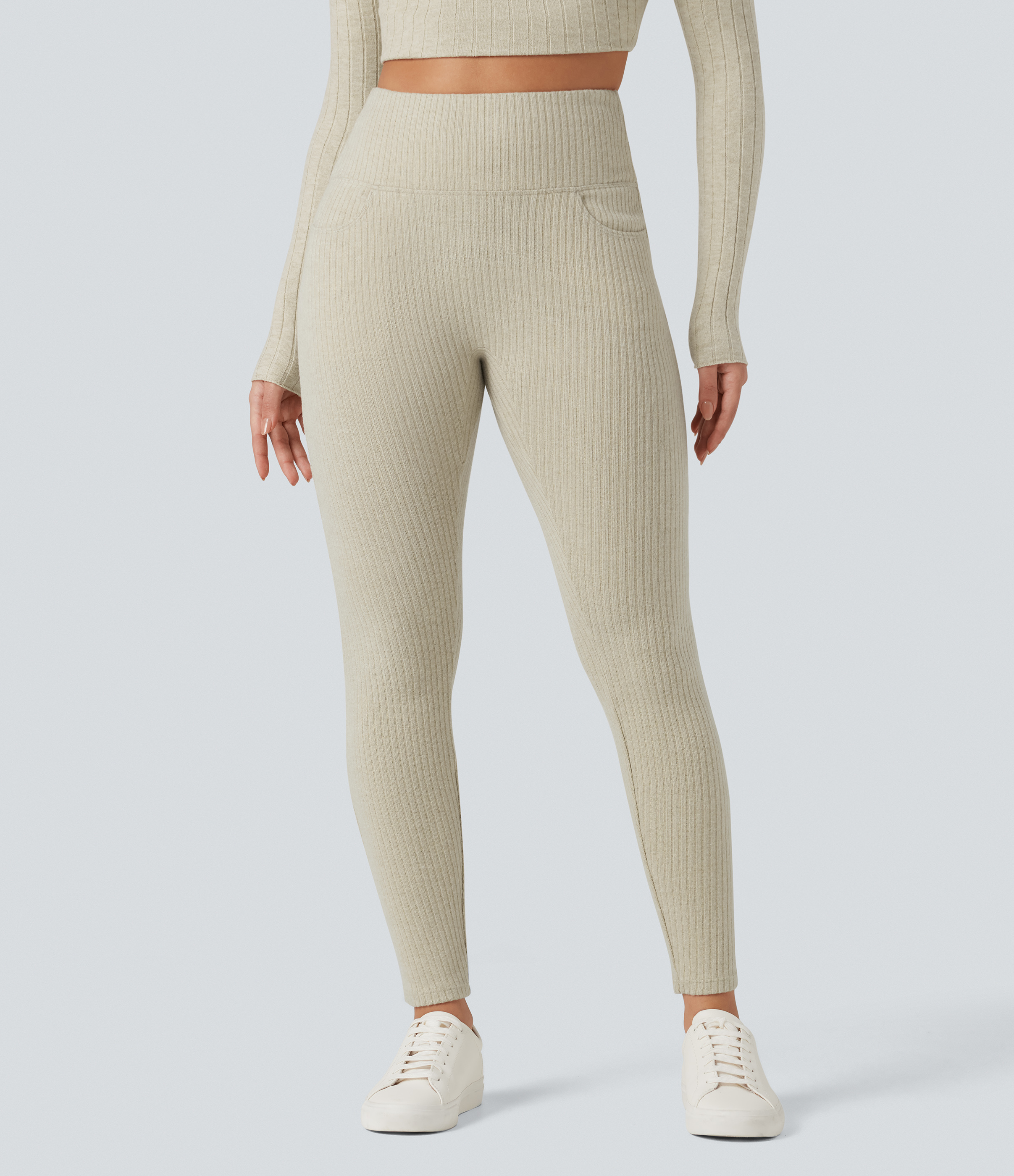 Ribbed Knit High Waisted Crisscross Back Casual Leggings with Pockets