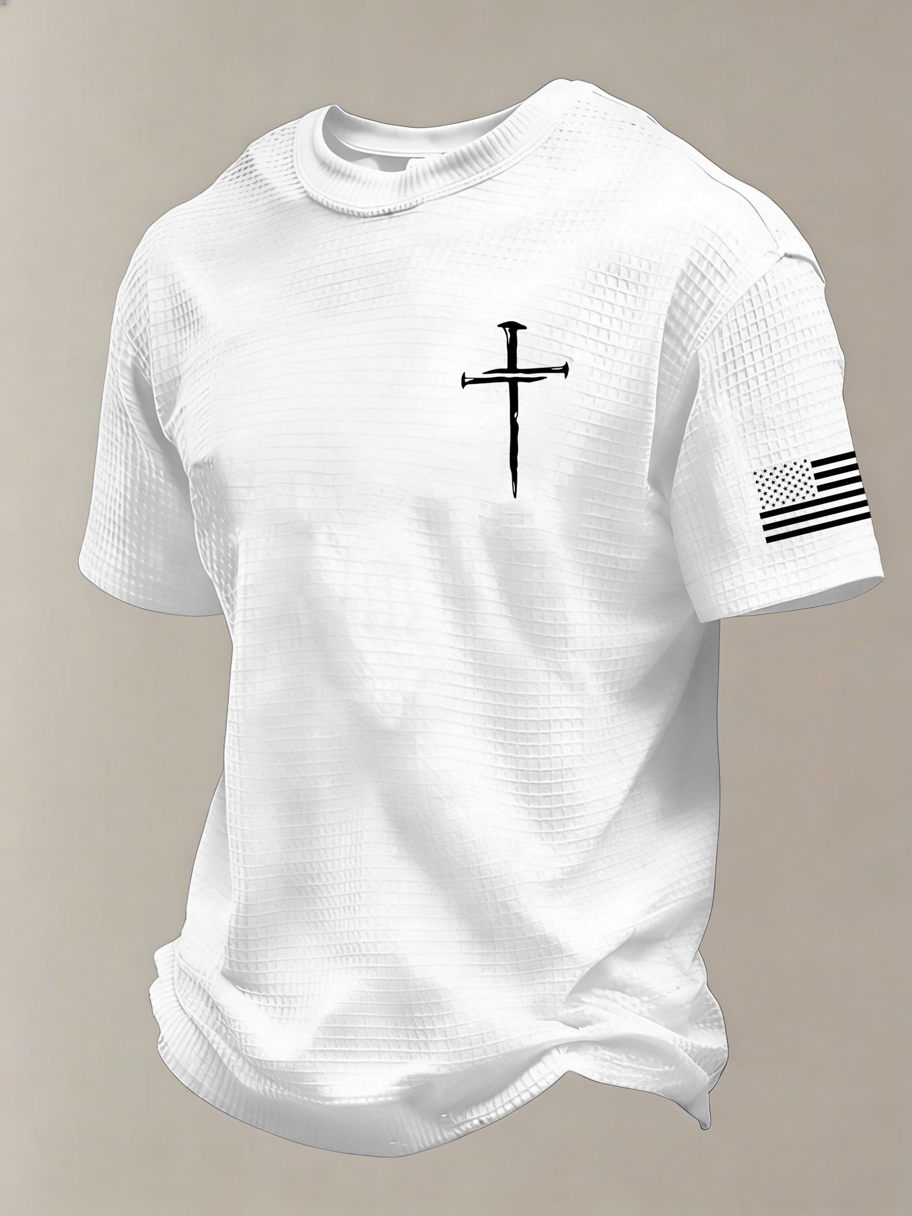 Men'S Vintage Faith Cross Flag Print Waffle-Knit Fabric T-Shirt