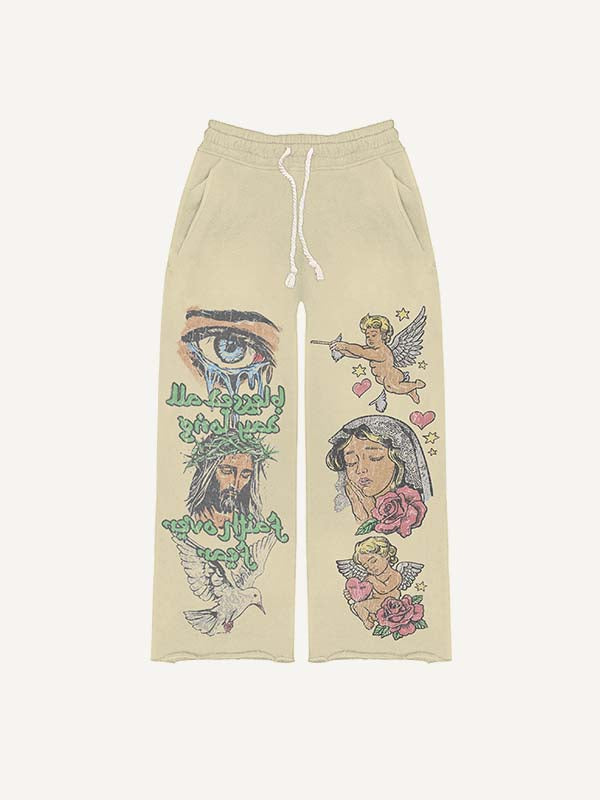 Jesus&Mary&Angel&Pigeon&Eye&Cross&Heart&Wing&Floral&Letter Print Elastic Waist Pants
