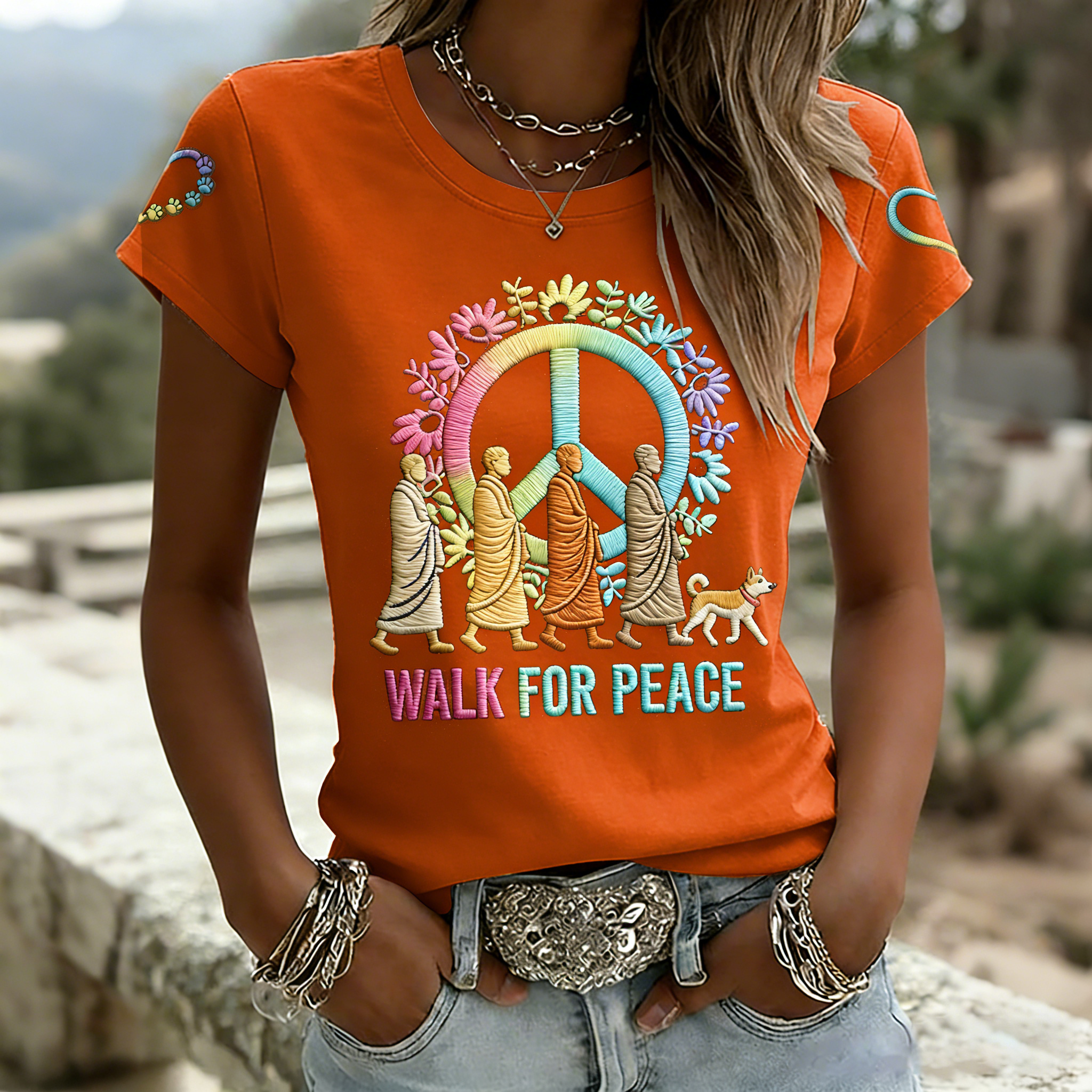 Retro Walk For Peace Monks With Aloka Dog Print T-shirt
