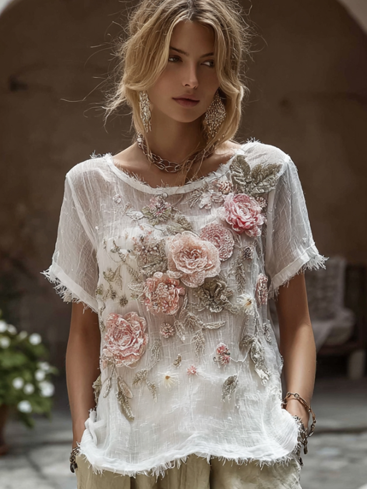 Women's Bohemian Style Rose Sequin Loose Short Sleeve