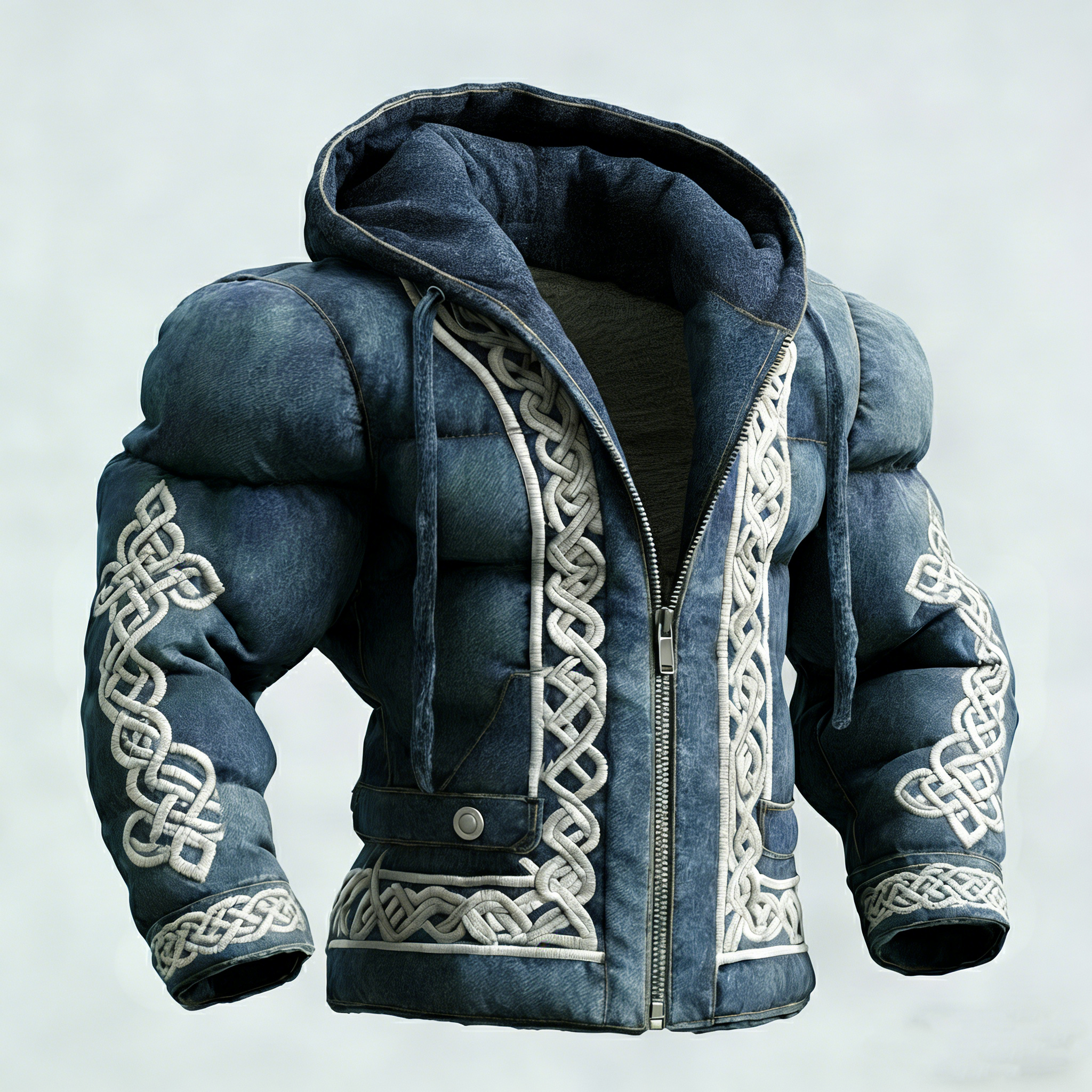 Vintage Viking Celtic Knot Embroidered Distressed Denim Warm Hooded Jacket