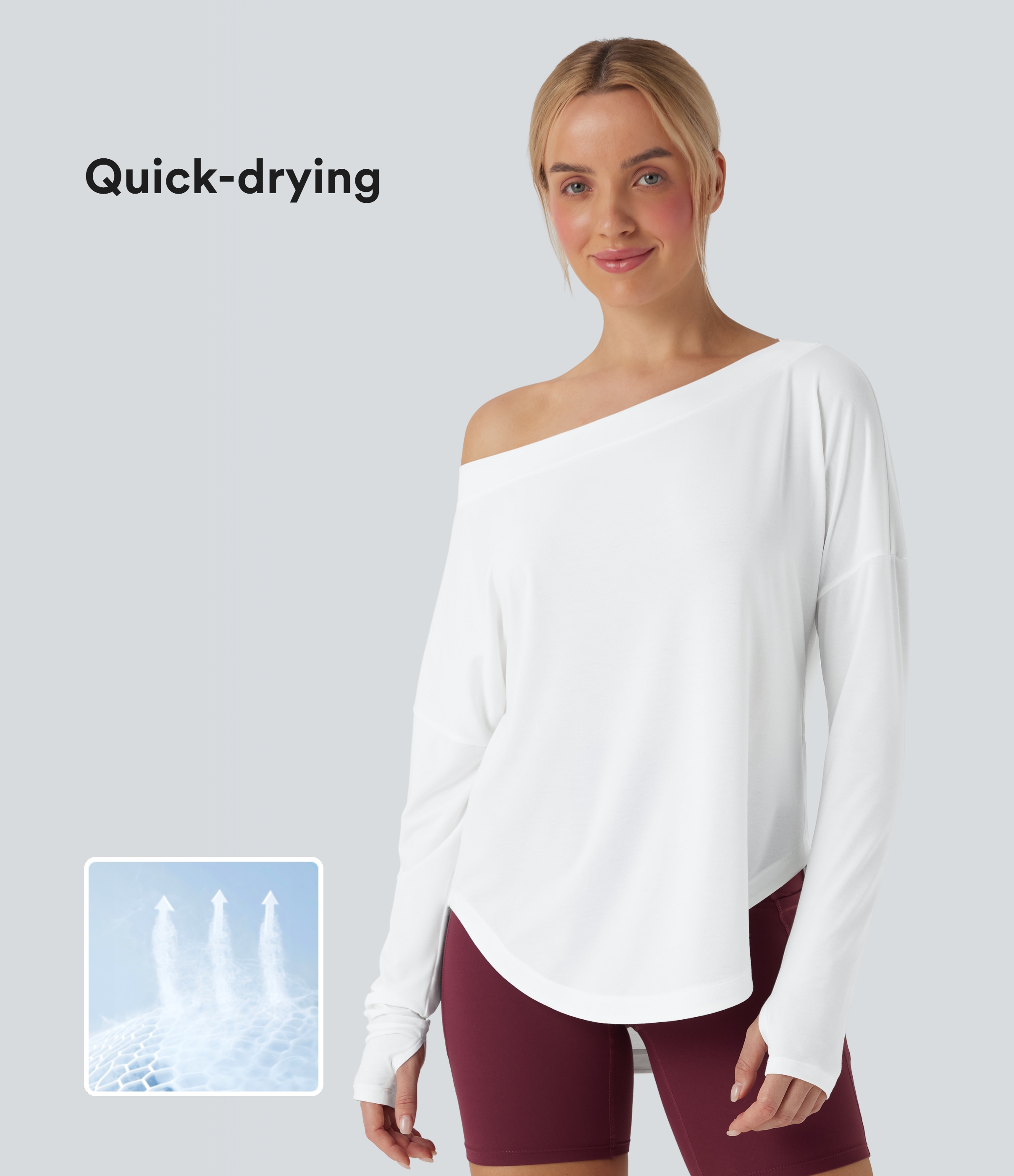 One Shoulder Long Sleeve Thumb Hole Curved Hem High Low Quick Dry Yoga Sports Top