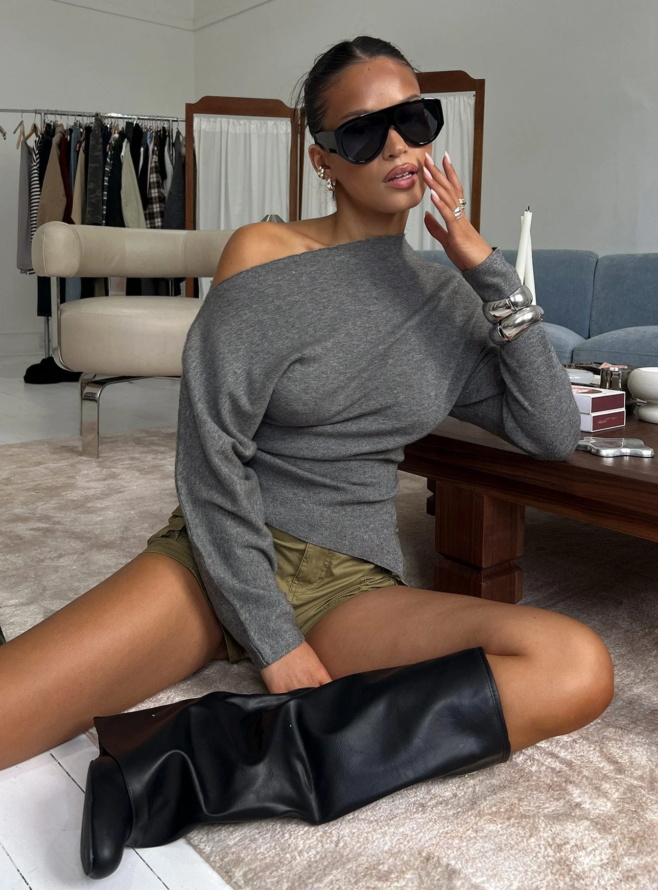 Kaelith Off shoulder Knit Sweater Dark Grey