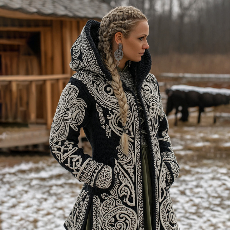 Women's Vintage Viking Celtic Knit Cozy Zipper Pocket Sweater Jacket