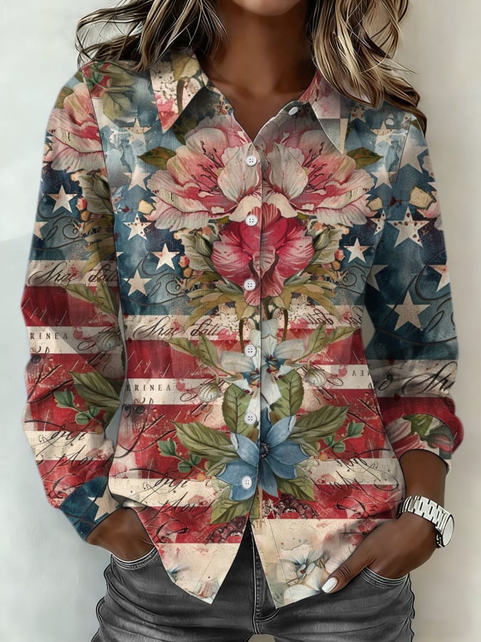Women's Retro Flag Floral Print Casual Collared Shirt