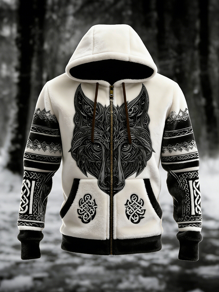 Men's Viking Celtic Knot And Wolf Pattern Flannel Comfortable Warm Hooded Jacket