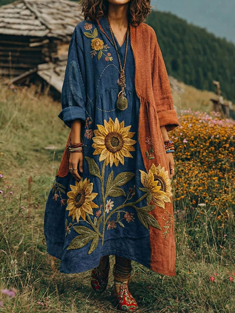 Women's Vintage Sunflower Floral Patchwork Flowy Linen Maxi Dress