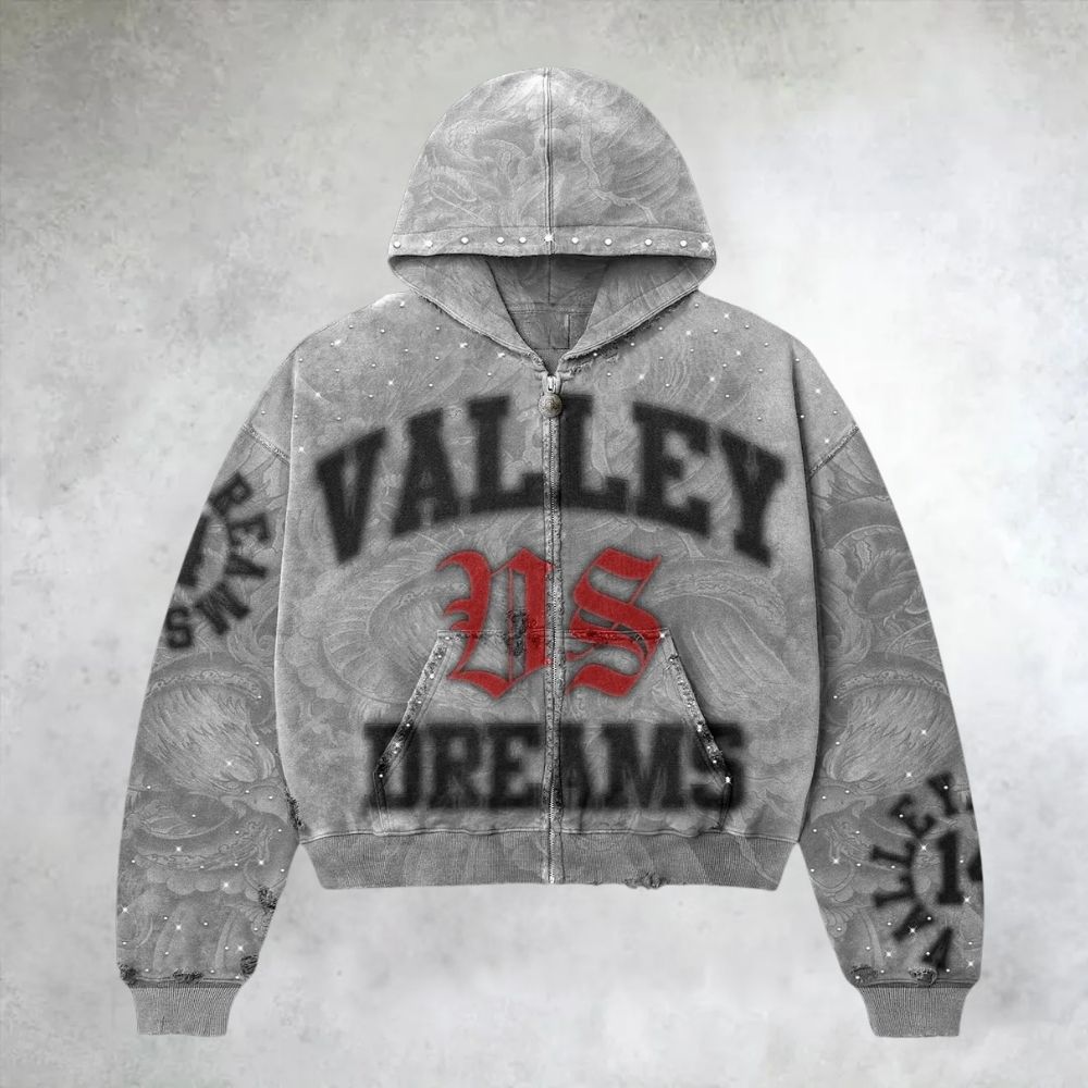 Vintage Gothic Print Loose Zip Up Hoodie