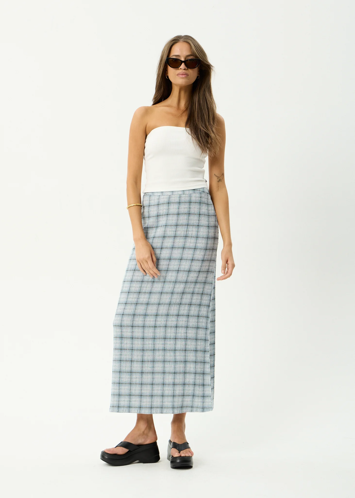 AFENDS Womens Lagoon - Seersucker Maxi Skirt - Overcast Check