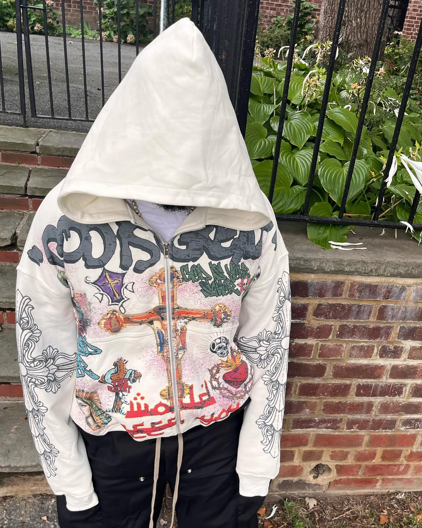 Jesus print zip-up hoodie