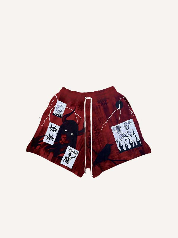 Figure&Eyeball&Wing&Moon&Skeleton&Animal&Graphic Faux Decal Print Drawstring Waist Shorts