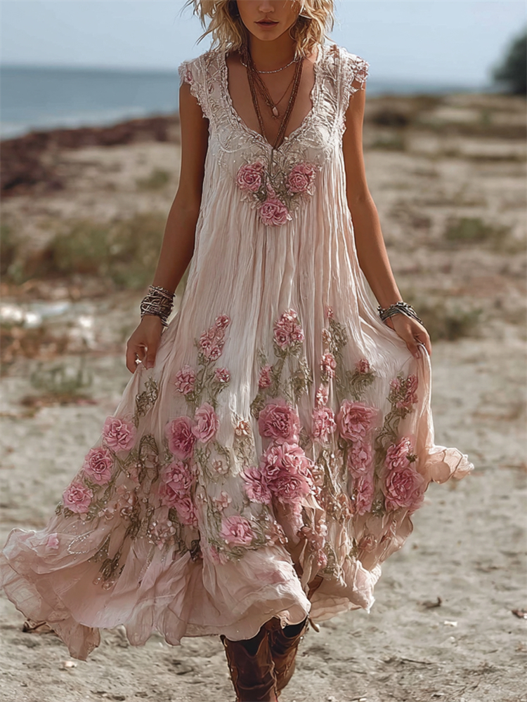 Vintage Pink Roses Fiber Art Lace Flowy Linen Maxi Dress