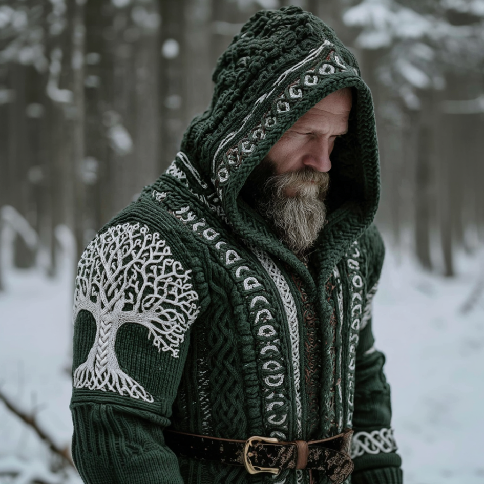 Viking Retro Style Men's Winter Warm Hooded Knit Sweater Cardigan Jacket
