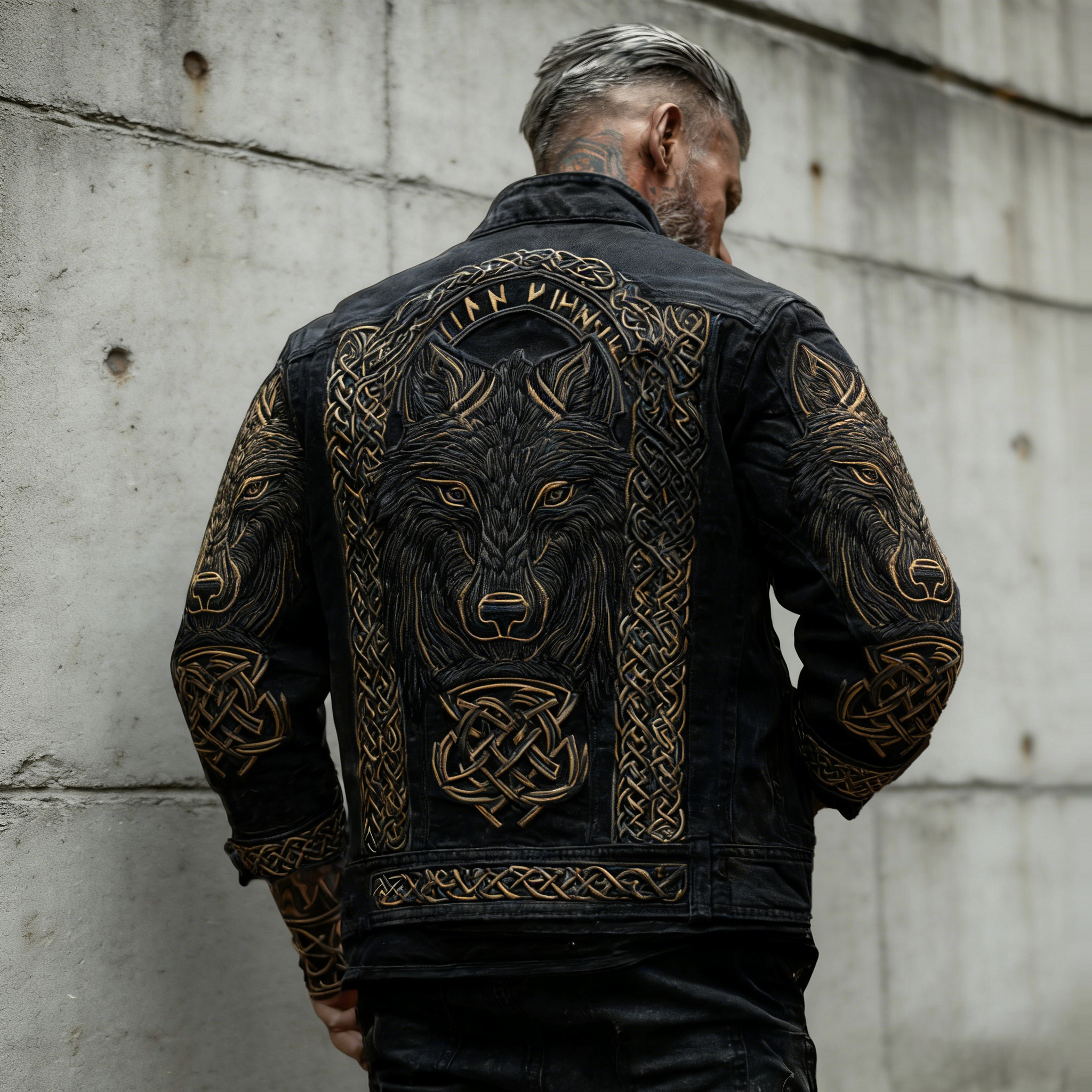 Men's Vintage Viking Celtic Wolf Art Washed Denim Jacket
