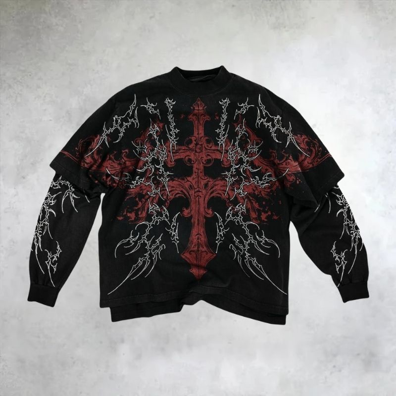 Featuring Intricate Cross Thorn Print Two-Piece Shirt