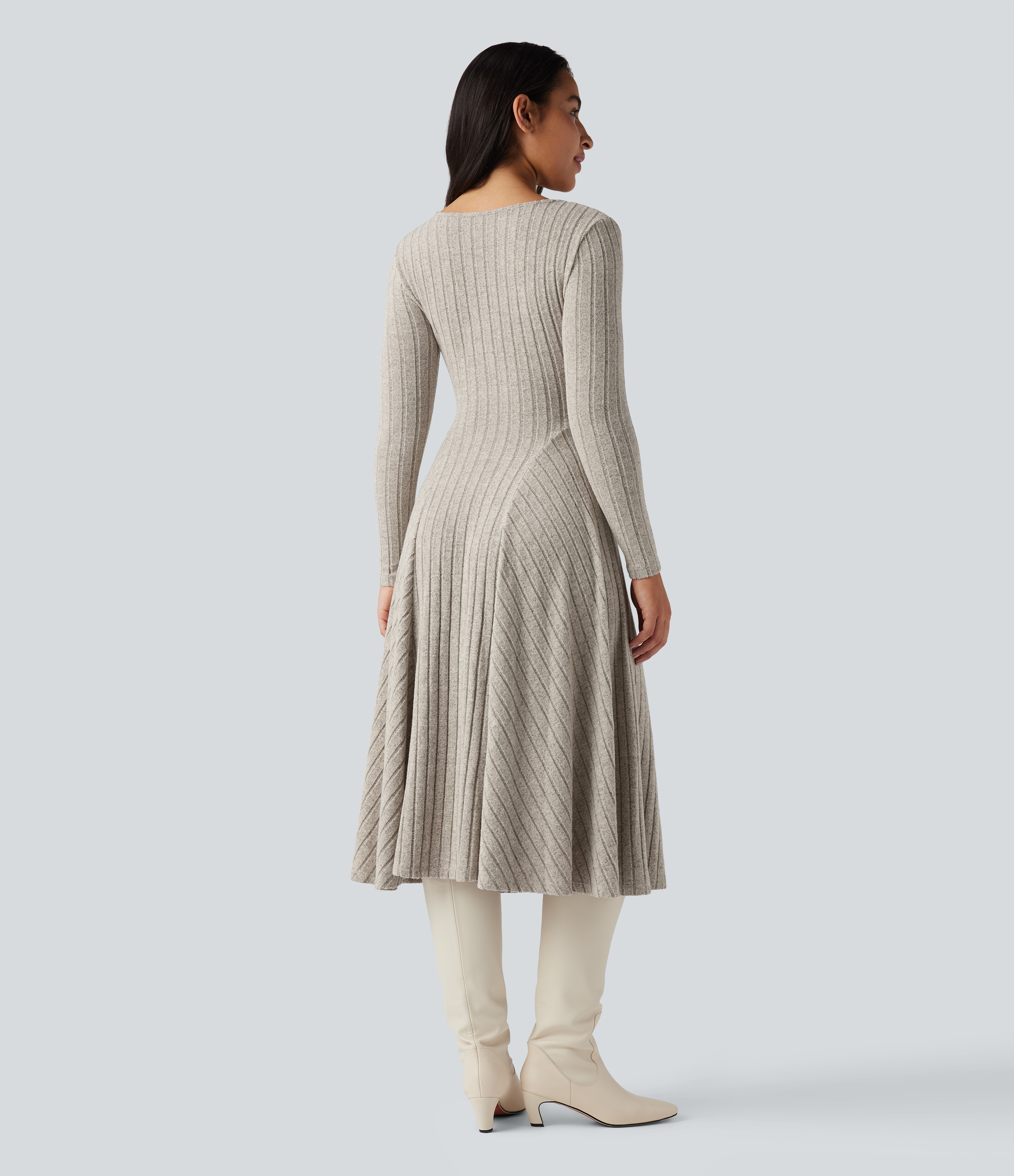 Ribbed Knit V Neck Long Sleeve Flare Midi Casual Dress