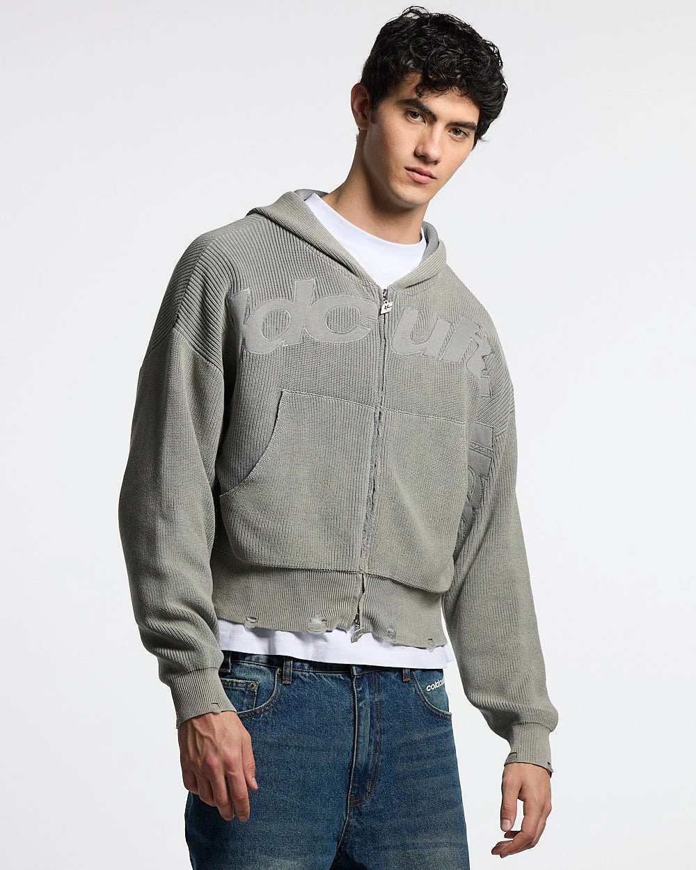 DISTRESS CURVED ZIP KNIT HOODIE GREY