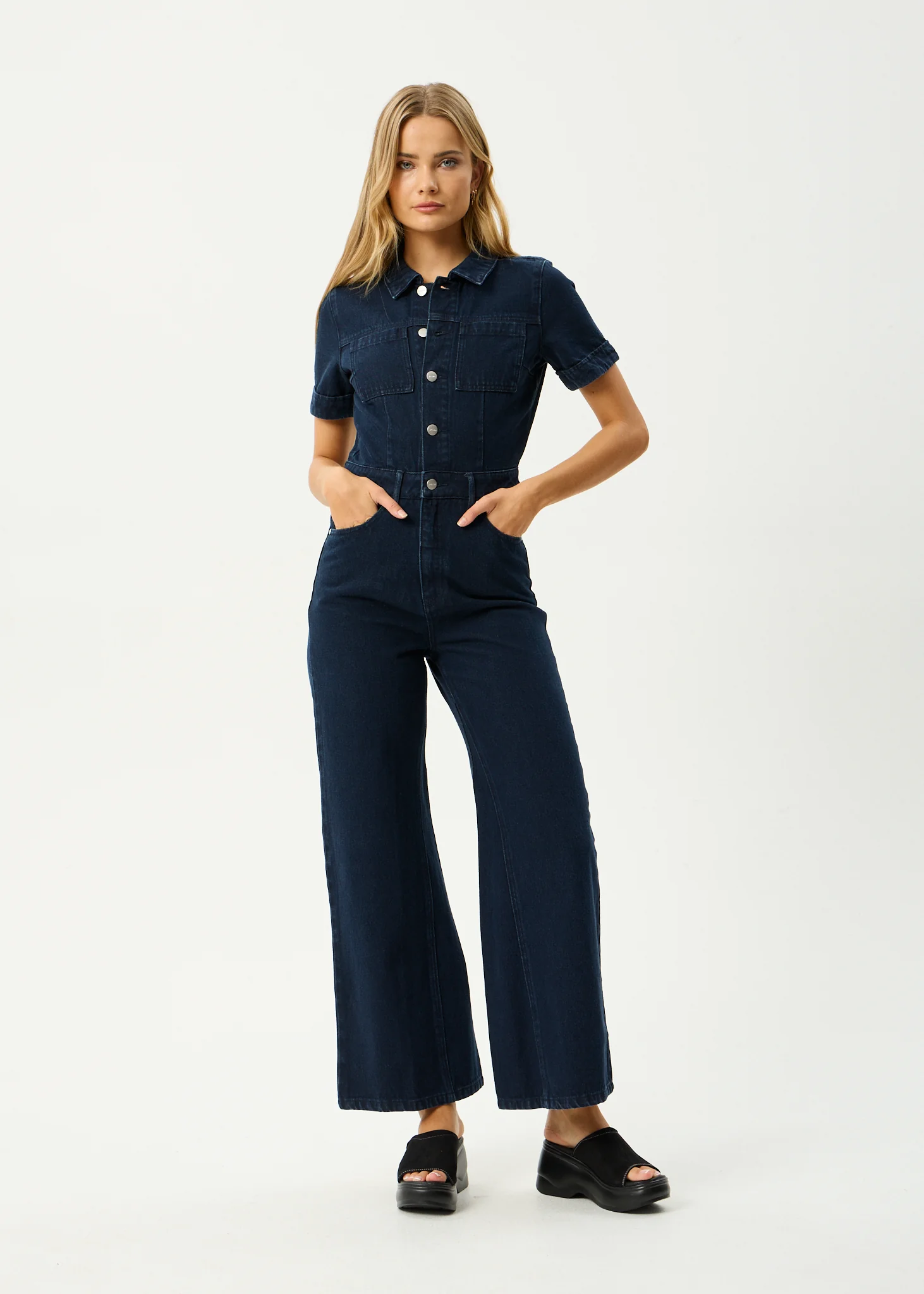 AFENDS Womens Miami - Denim Flared Jumpsuit - Ink
