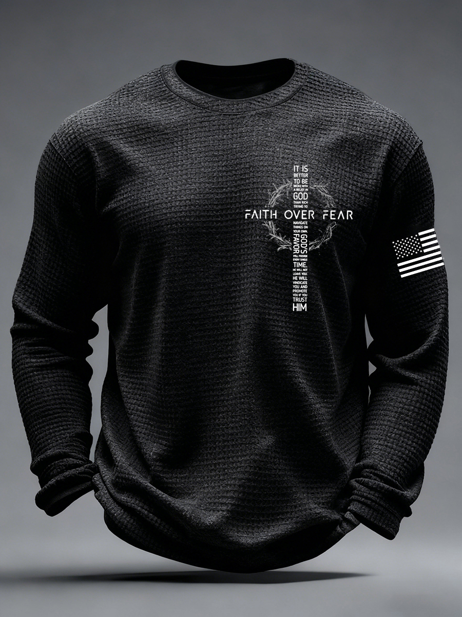 Men's Faith Over Fear Print Casual Waffle Long Sleeve T-Shirt