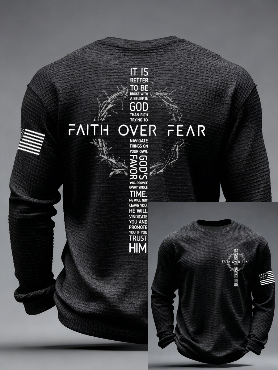 Men's Faith Over Fear Print Casual Waffle Long Sleeve T-Shirt