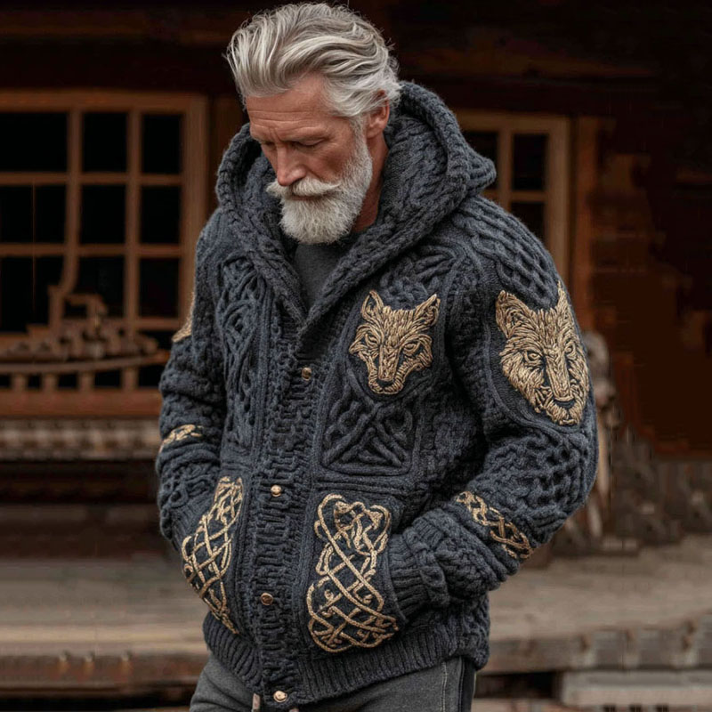 Men's Viking Celtic Wolf Pattern Art Cozy Button Hooded Jacket