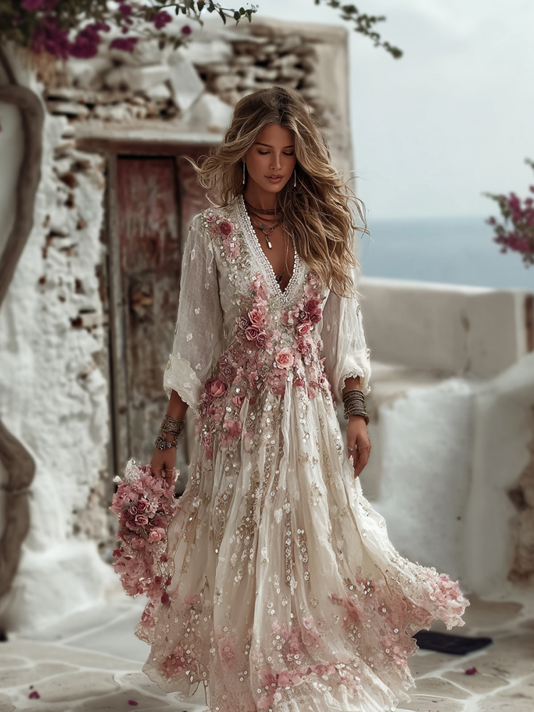 Women's Vintage Floral Art Linen Dress