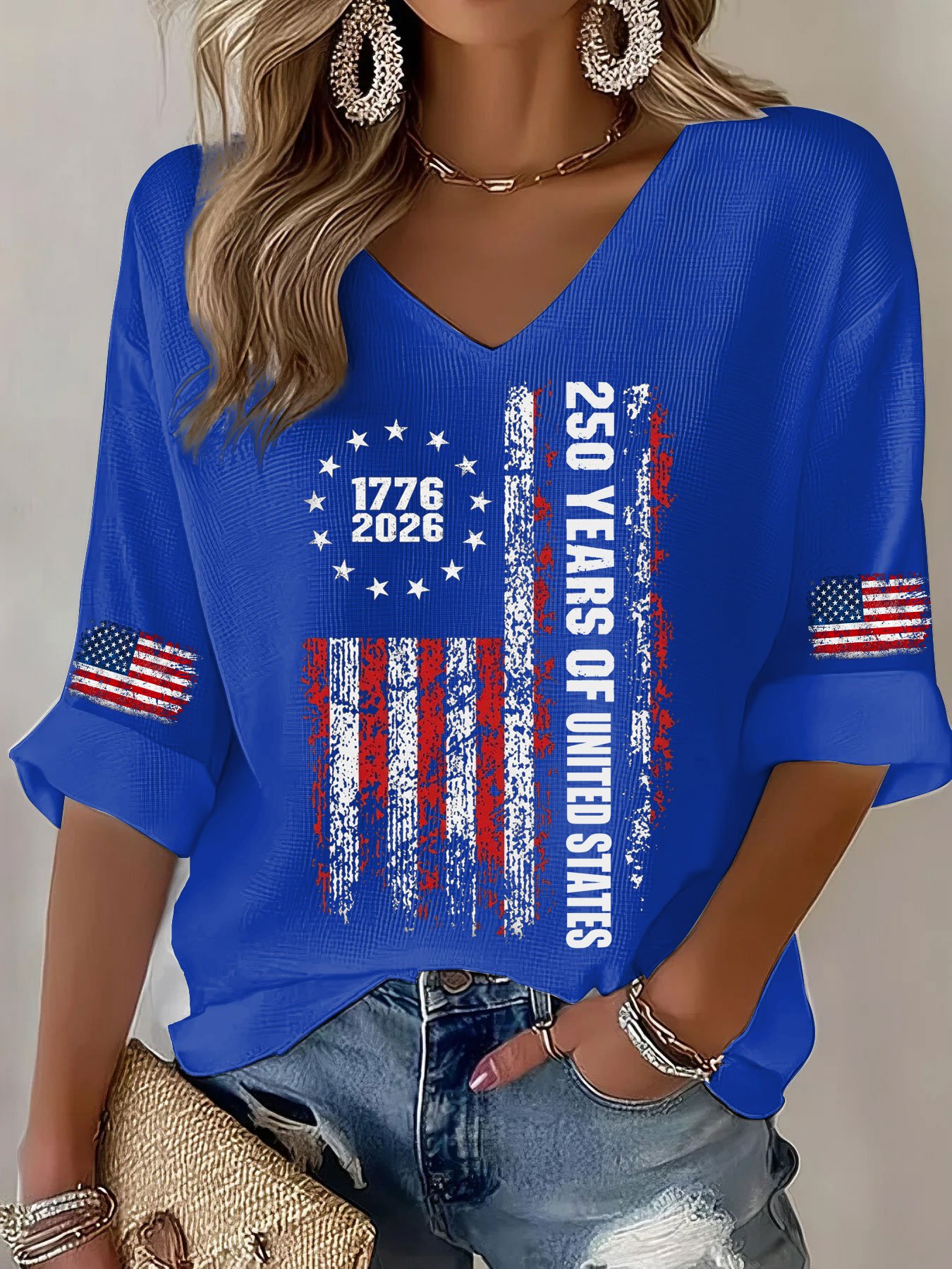 Women’s USA 250th Anniversary Embroidered Print Waffle Knit V-Neck T-Shirt