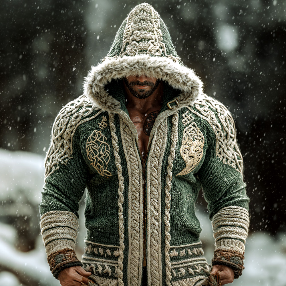 Men's Retro Viking Wolf Embroidered Print Hooded Jacket