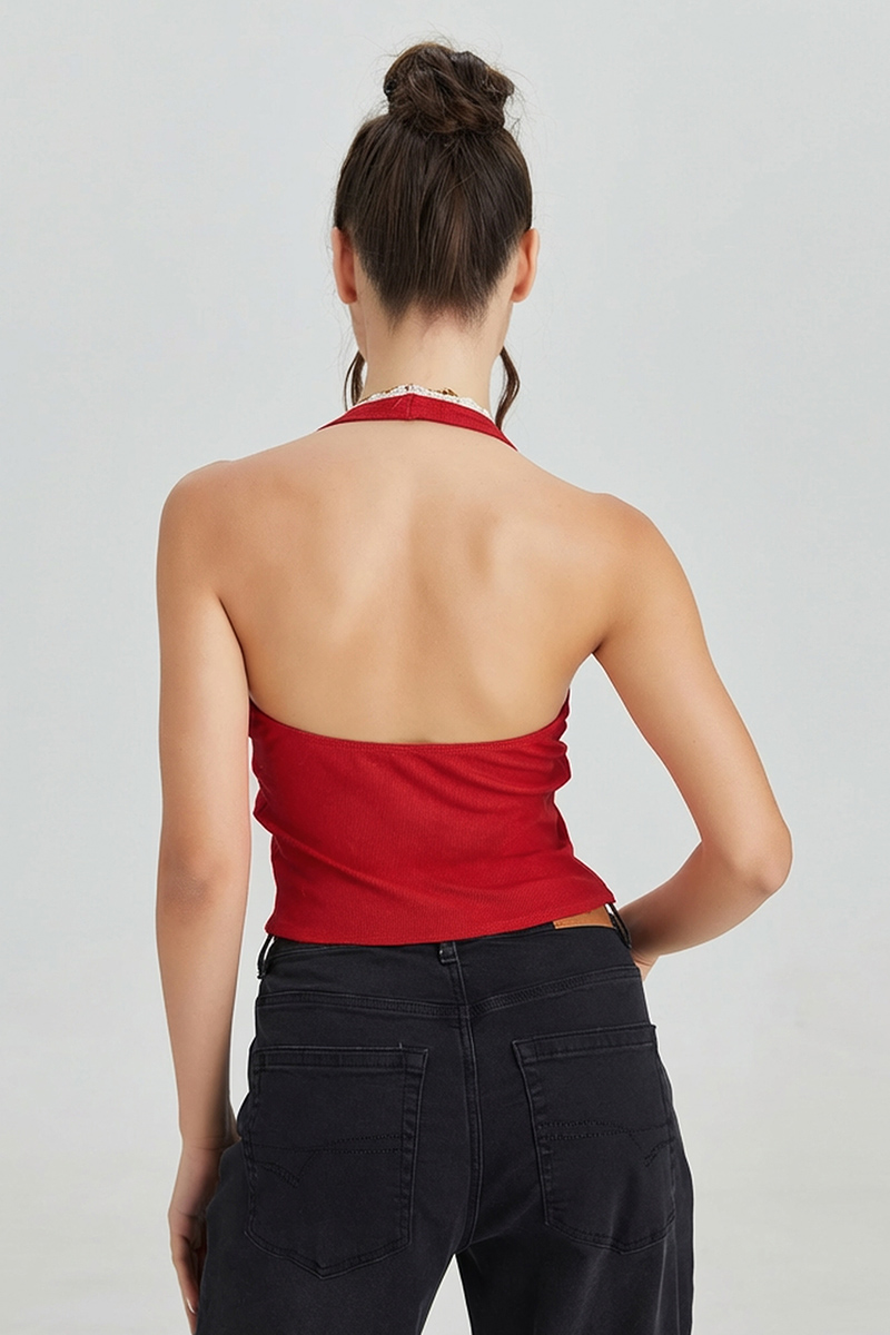 KatchMe Elegant Soft V-Neck Front Tie Lace Trim Halter Top