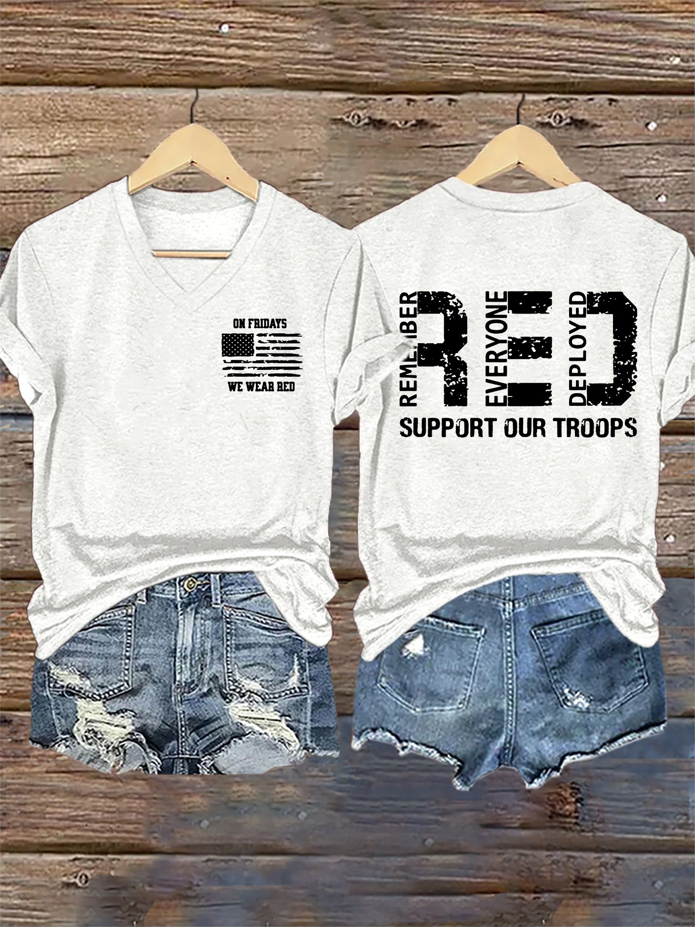Women's On Fridays We Wear RED Remember Everyone Deployed Print V Neck T-shirt