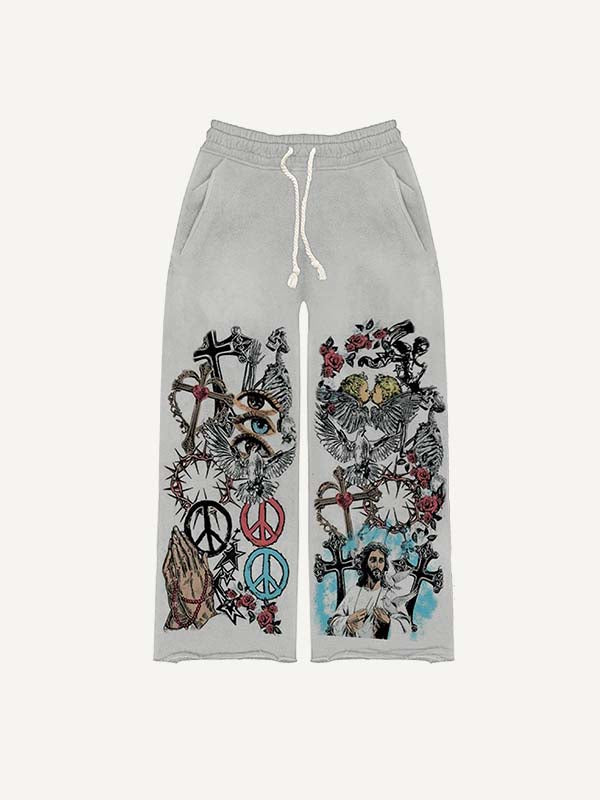 Mary&Jesus&Cross&Pray&Pigeon&Eye&Graphic Print Elastic Waist Pants