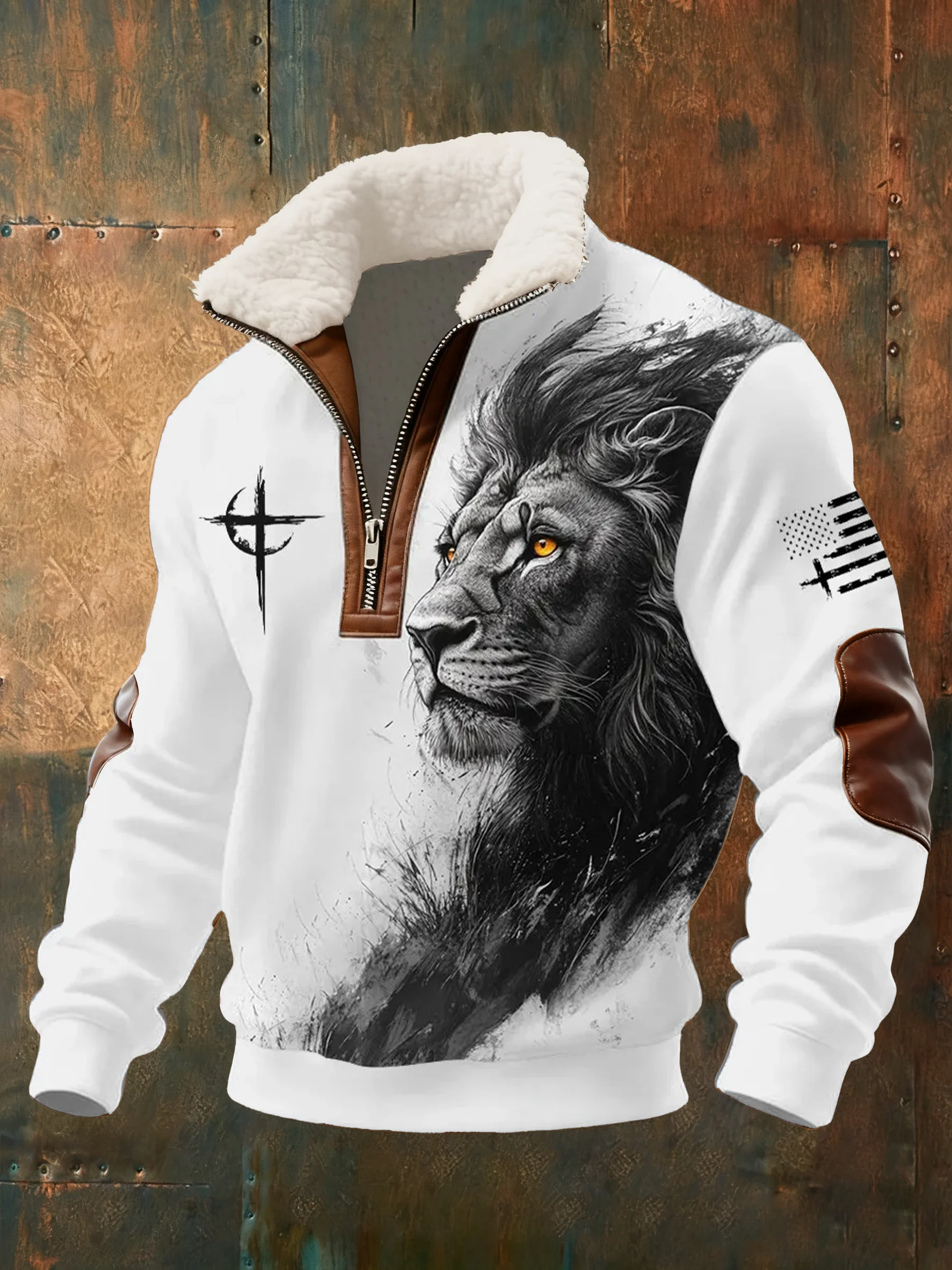 Men's Faith Print Zipper Fur Collar Long-Sleeve Sweatshirt-Fast Shipping