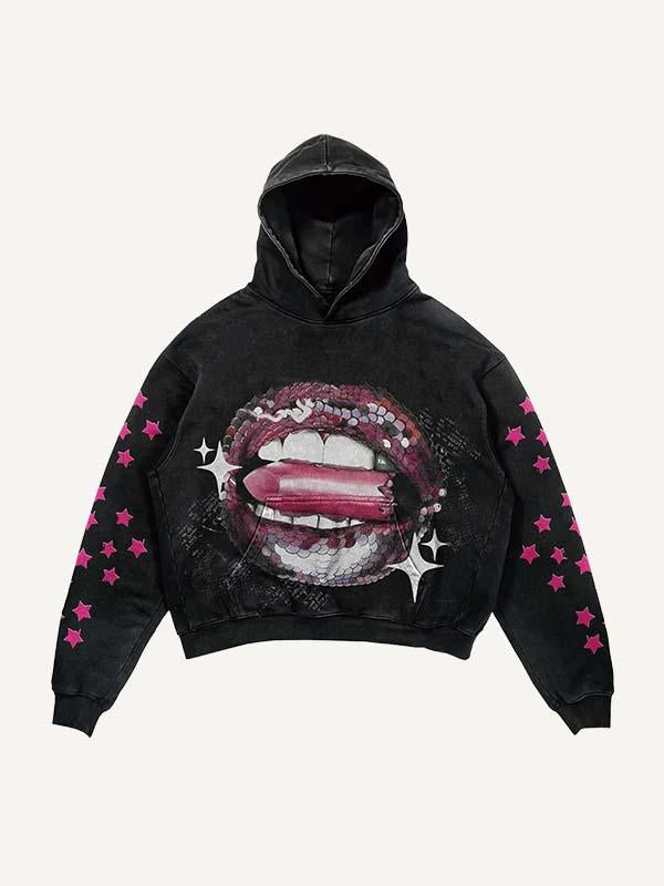 Lip&Bullet&Star Print Slant Pockets Hoodie