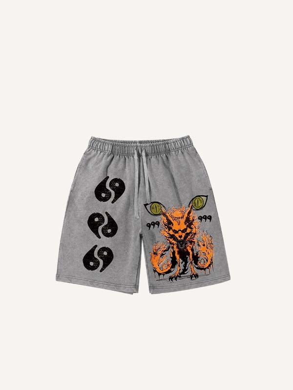 Distressed   Fox&Eye Print Drawstring Waist Shorts