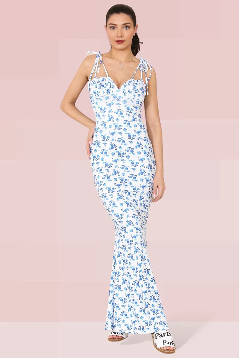 Breezy Adjustable Strap Floral Print Tie-Up Slinky Maxi Dress