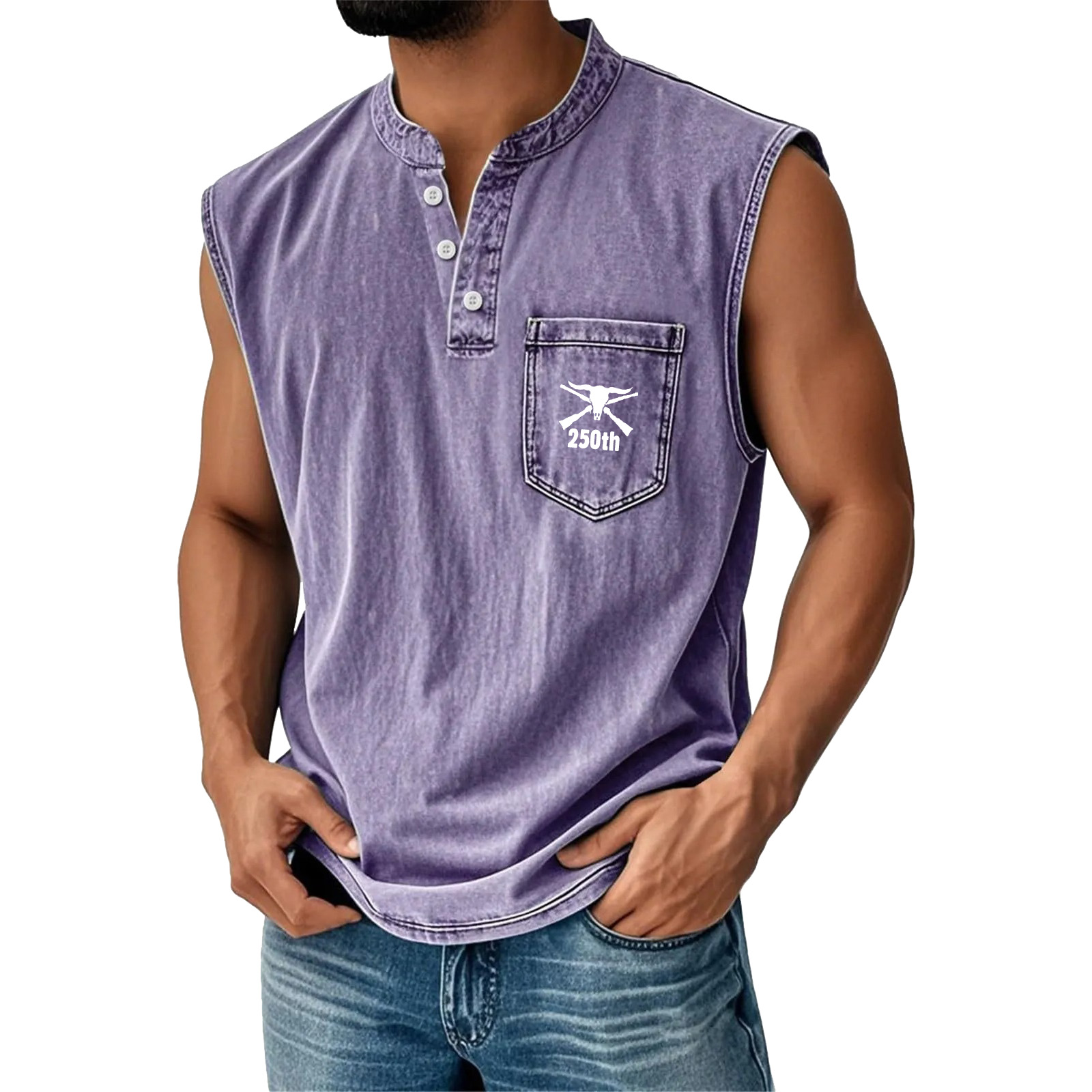 Men's Washed Cotton Sleeveless Henley Vest