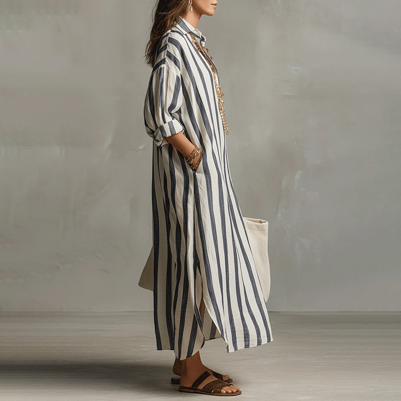 Women's Casual Striped Cotton Linen Maxi Shirt Dress