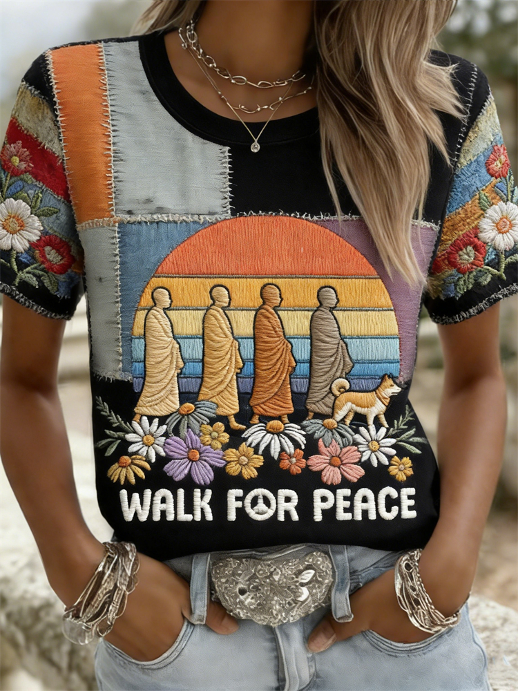 Walk For Peace Aloka & Monks Floral Patchwork T Shirt