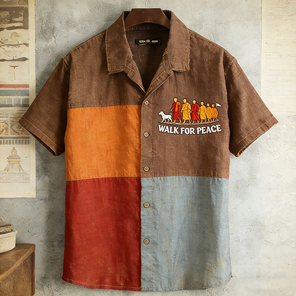 Walk For Peace Slogan Pattern Casual Color-blocked Short-sleeve Shirt