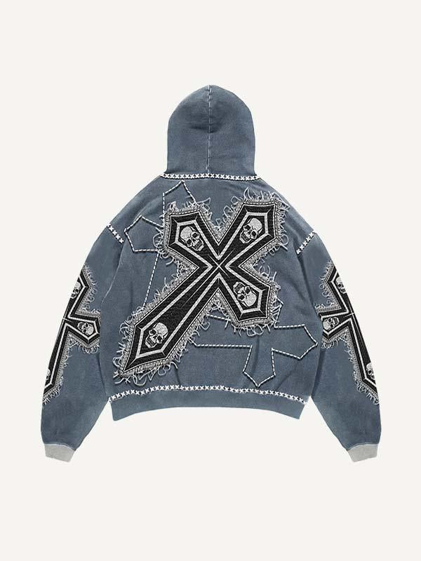 Skull&Letter&Cross Print Slant Pockets Hoodie