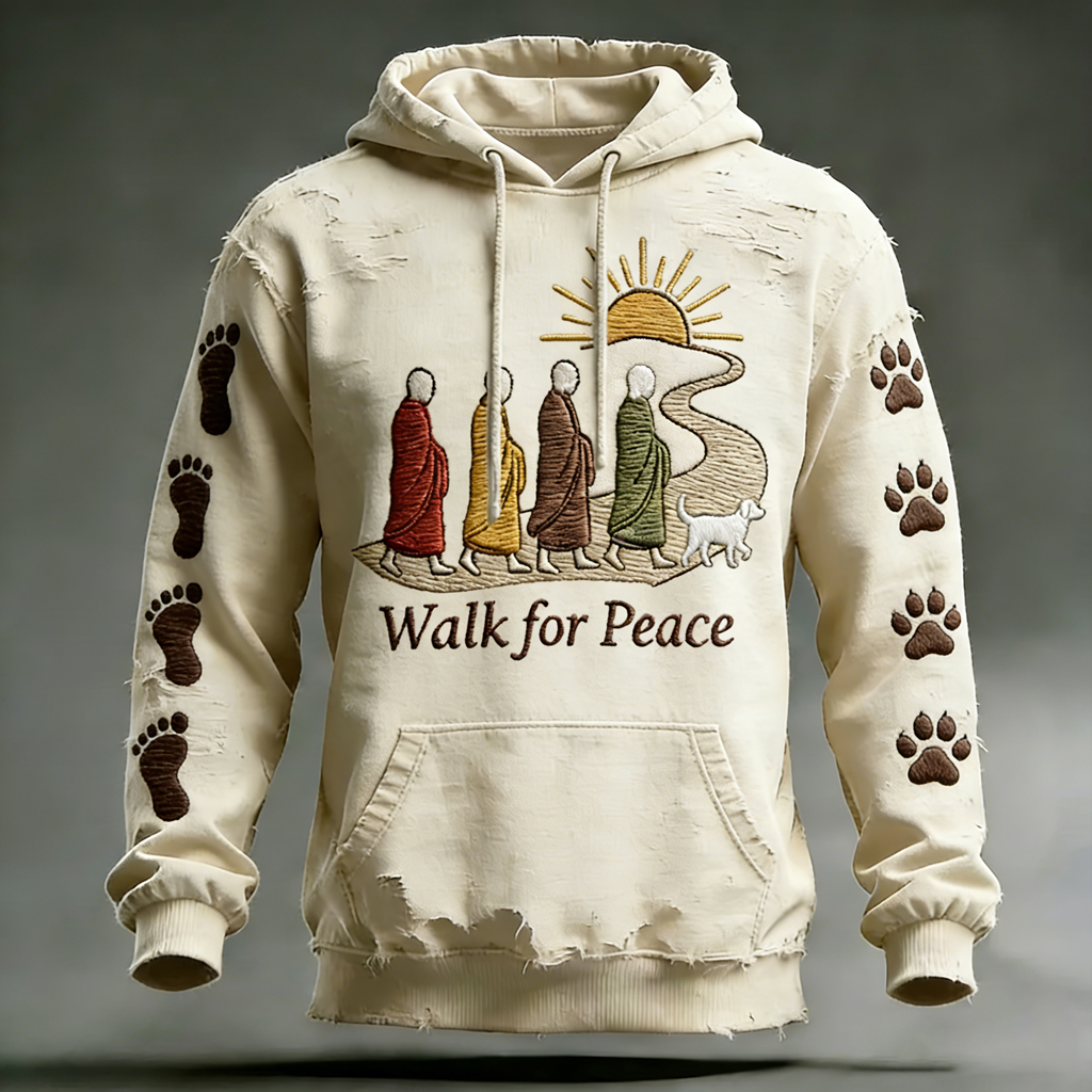 Vintage Walk For Peace Love In Every Step Artistic Print Distressed Hoodie