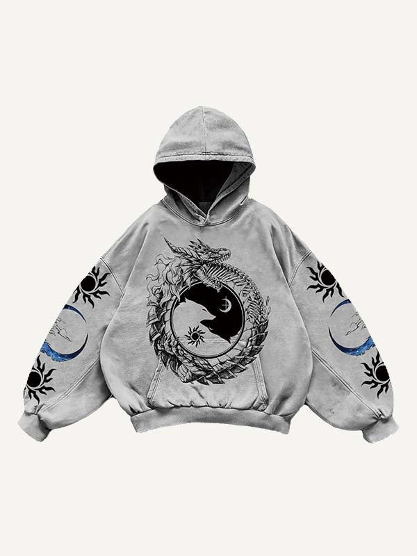 Sun&Moon&Dragon&Wing&Floral Print Slant Pockets Hoodie