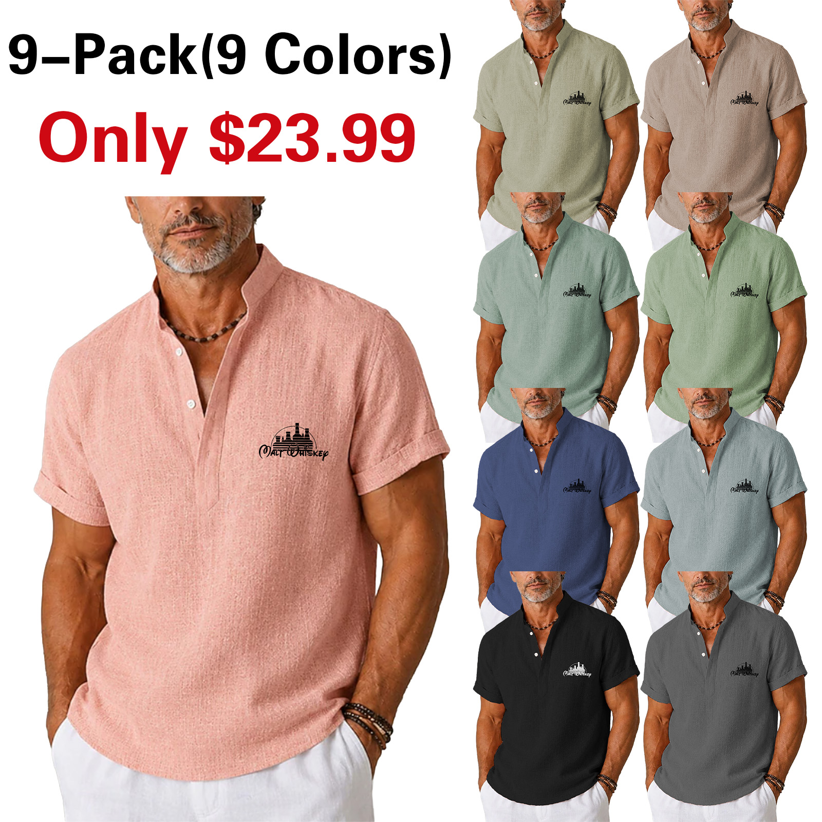 Men Linen Shirt Popover Shirt Band Collar Shirt - Casual Daily Black Pink Short Sleeve Henley Summer Clothing Apparel